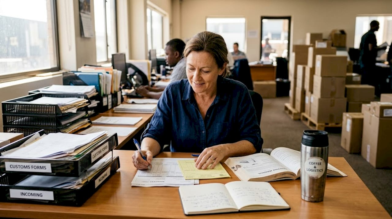 Coordinator checks freight claim forms at desk