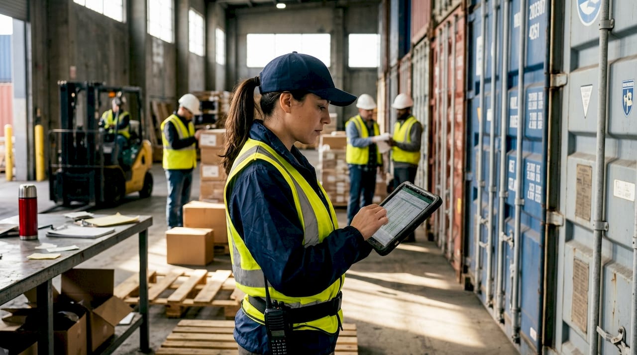 Logistics team working inside port warehouse