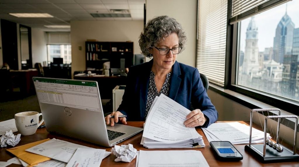Business owner reviewing customs paperwork at desk