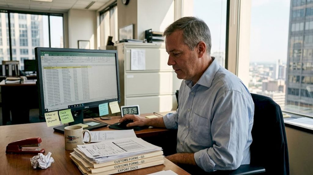 Businessman finalizing export documents at desk