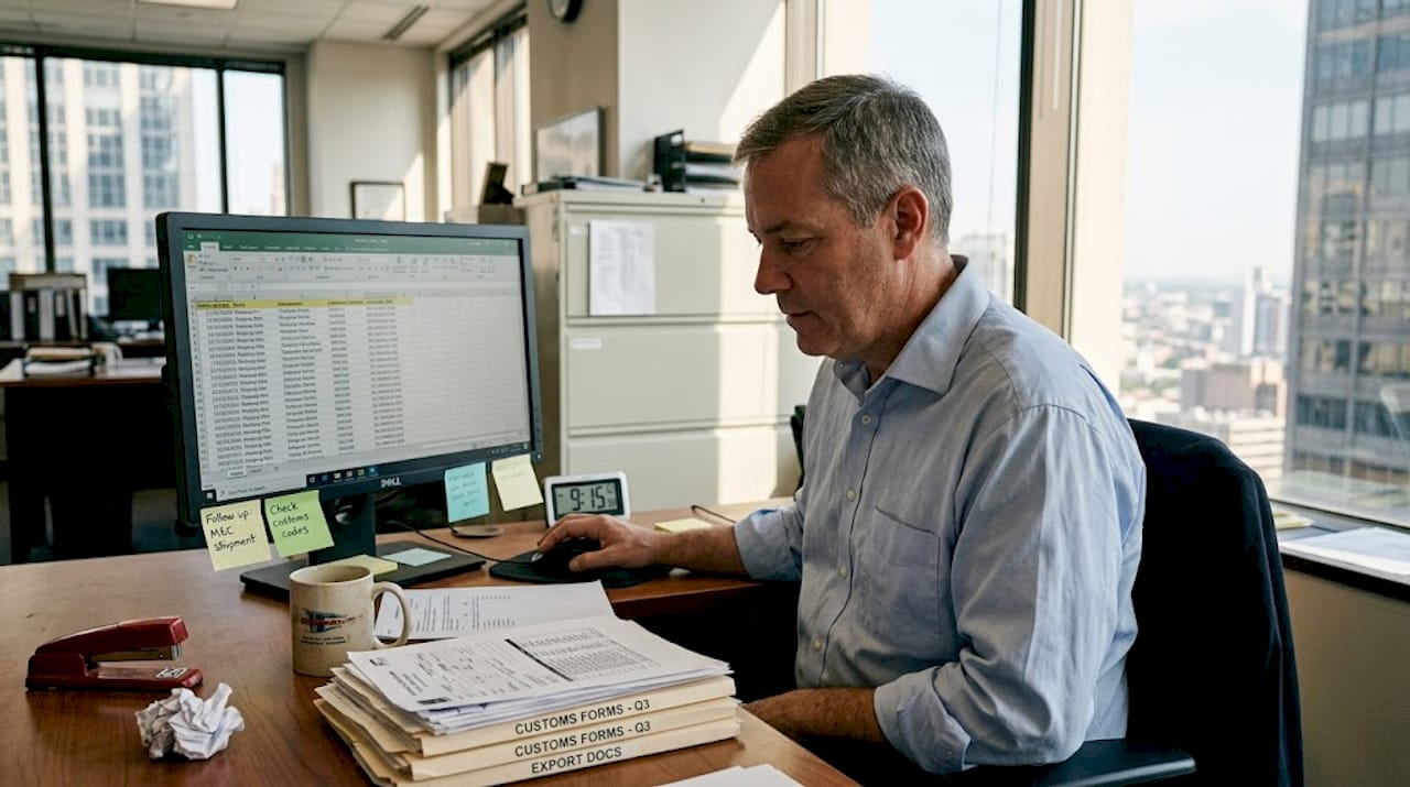 Businessman finalizing export documents at desk