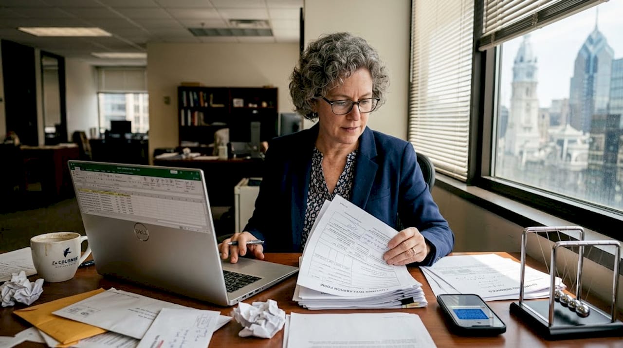 Business owner reviewing customs paperwork at desk