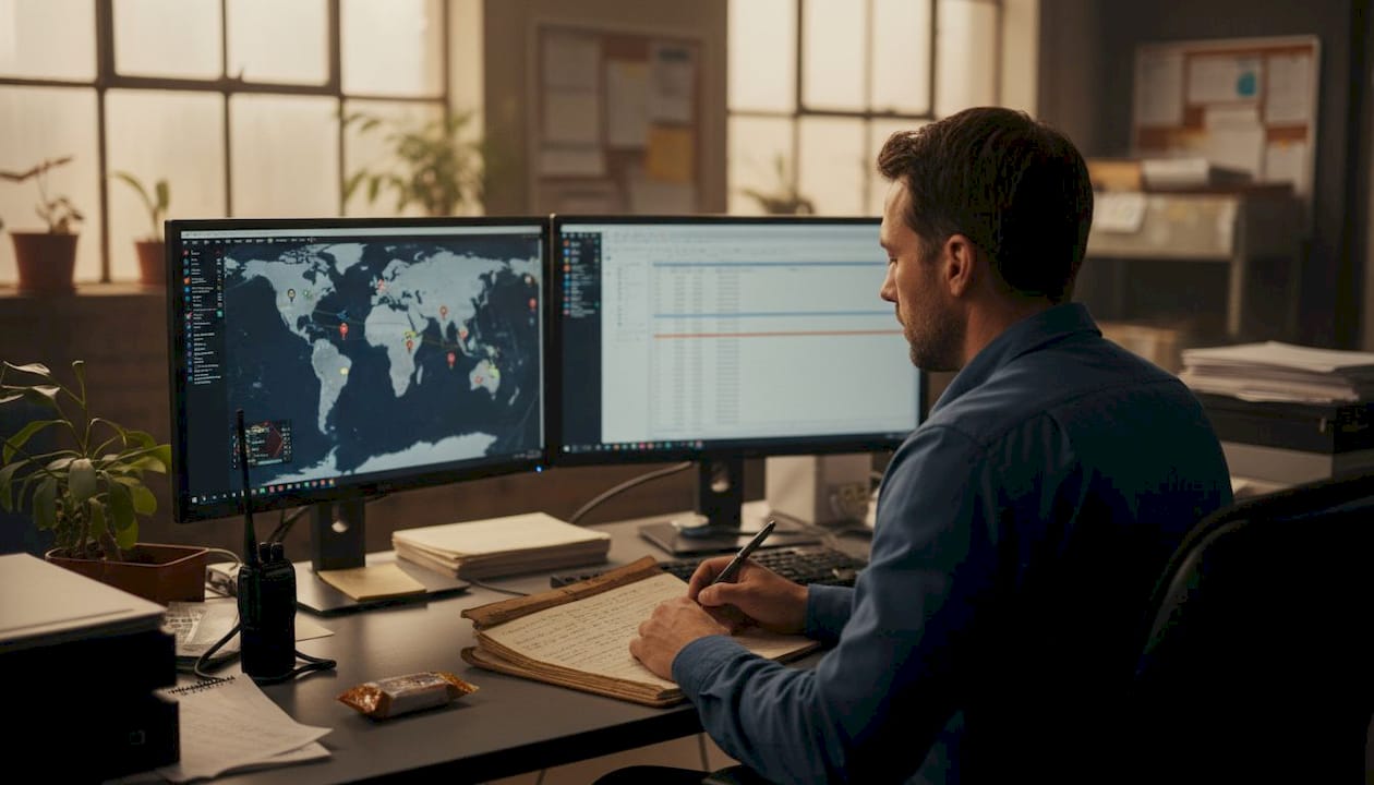 Logistics coordinator tracking containers at desk