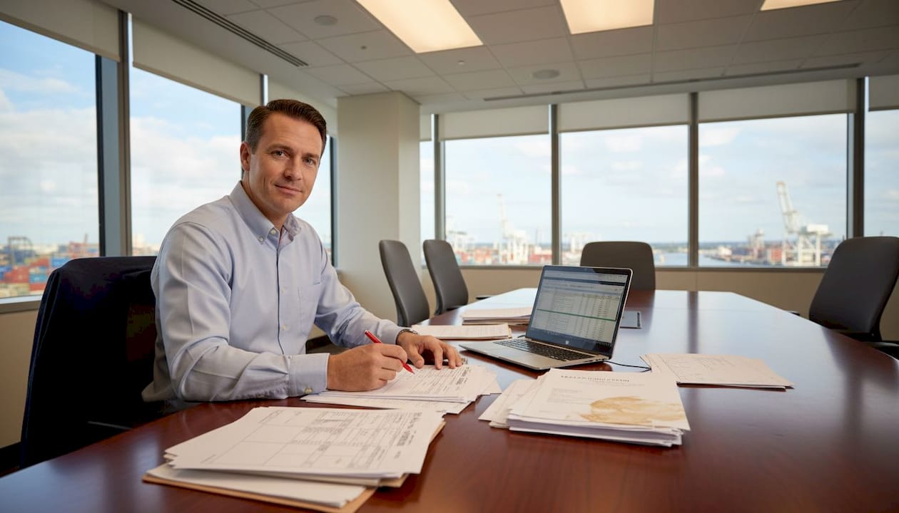 Importer checking customs paperwork at office table