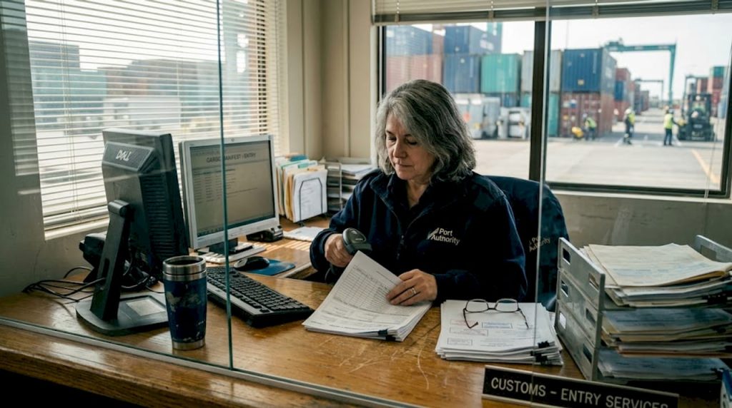 Customs officer reviewing paperwork in office