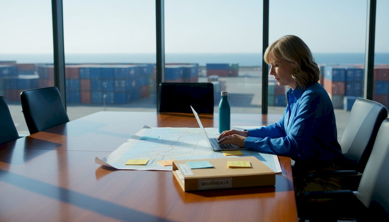 Logistics manager reviewing shipping documents at window desk