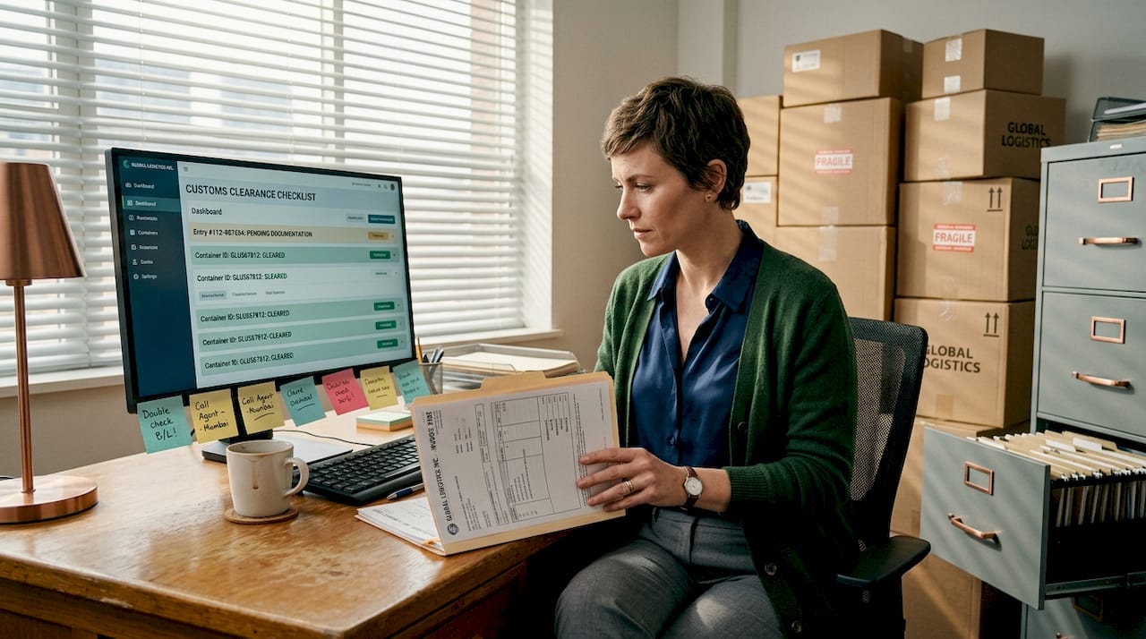 Logistics manager reviews customs compliance paperwork