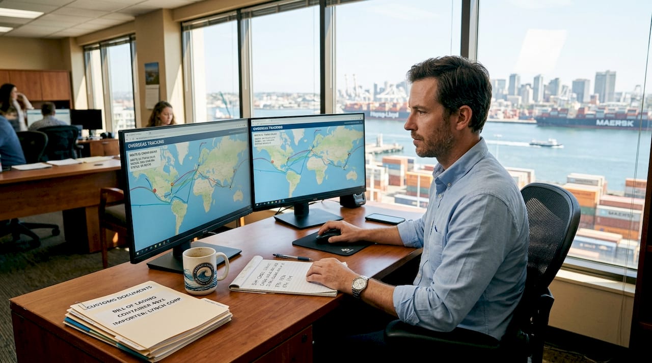Coordinator monitors shipping routes in harbor-view office