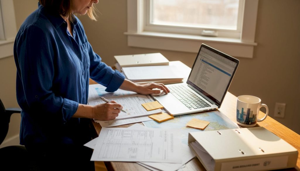 Business owner reviewing export paperwork in city office