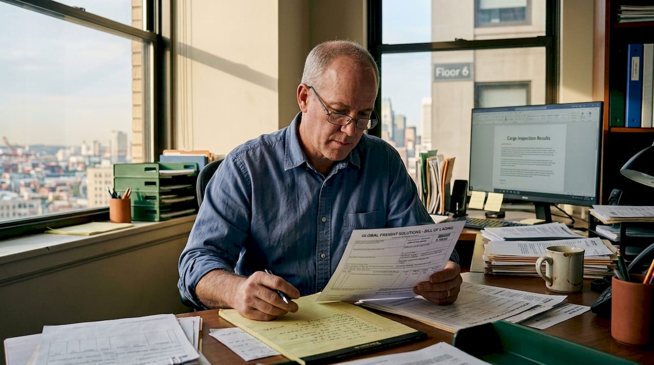 Manager reviewing bill of lading documents