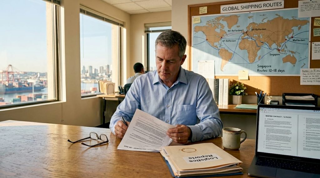 Shipping manager reviewing freight contract in office