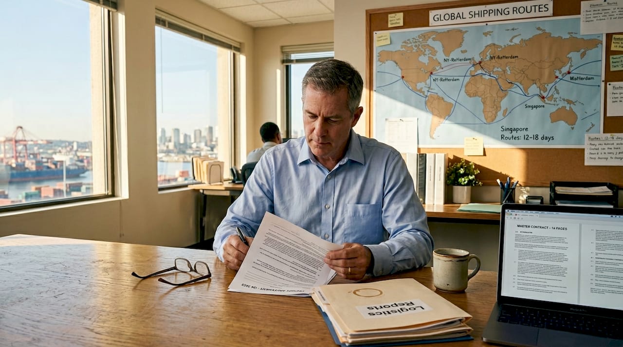 Shipping manager reviewing freight contract in office