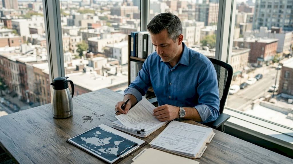 Manager reviewing customs forms for global shipment