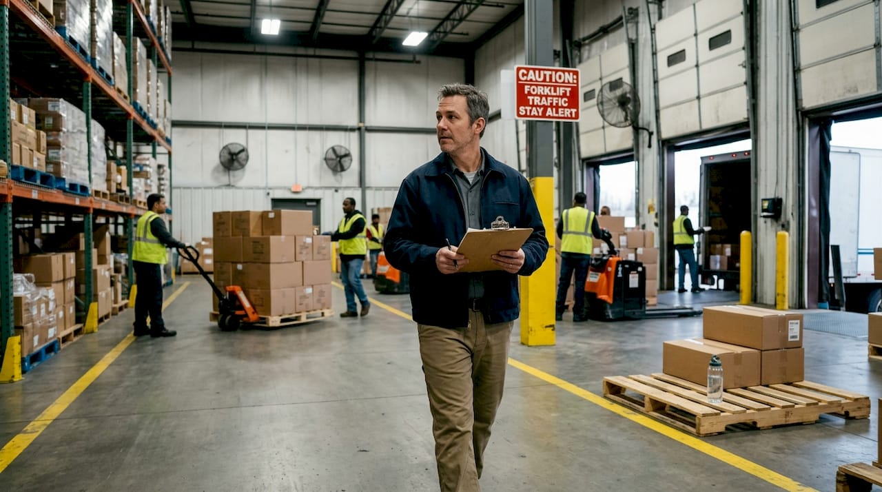 Supervisor reviewing safety in busy warehouse