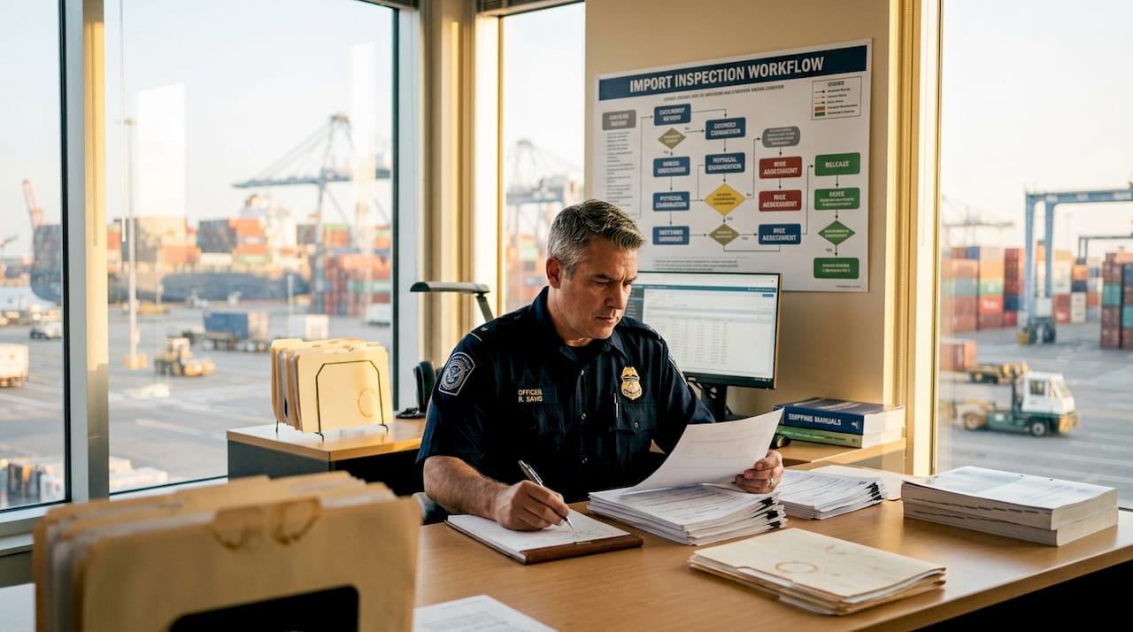 Customs officer reviewing shipment paperwork