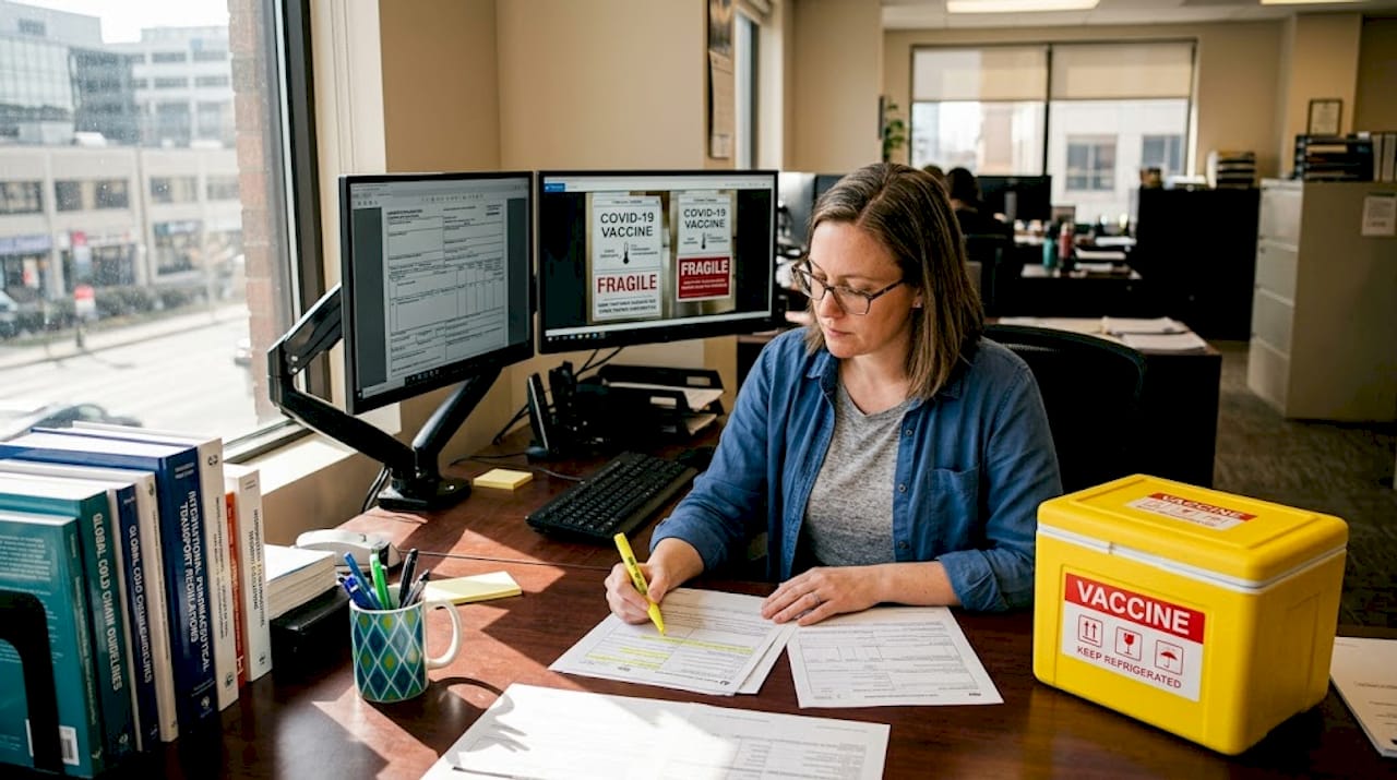Logistics coordinator handling vaccine customs paperwork