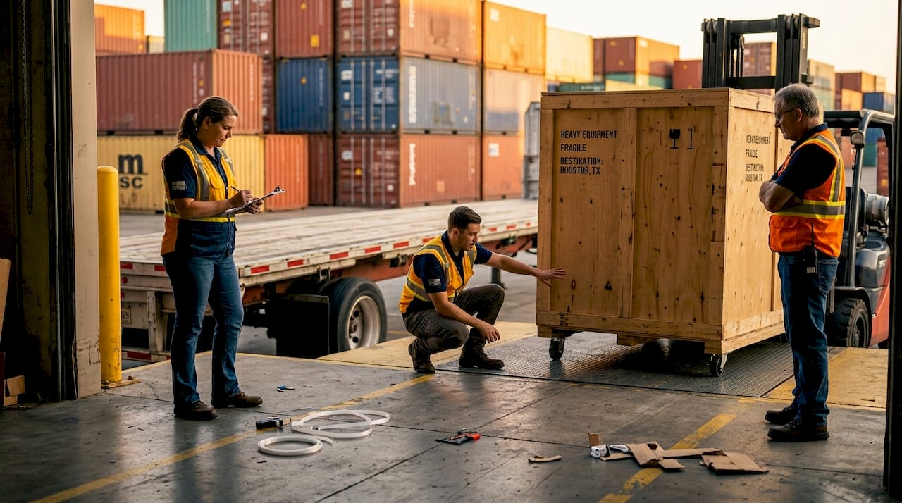Workers overseeing oversized cargo at loading dock