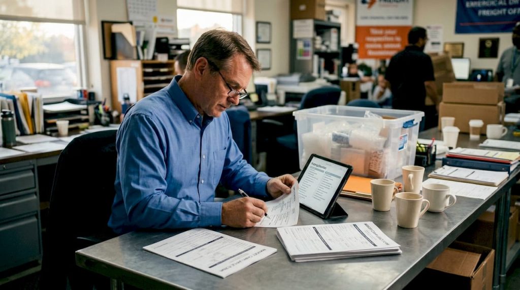 Logistics manager reviews export packing checklist