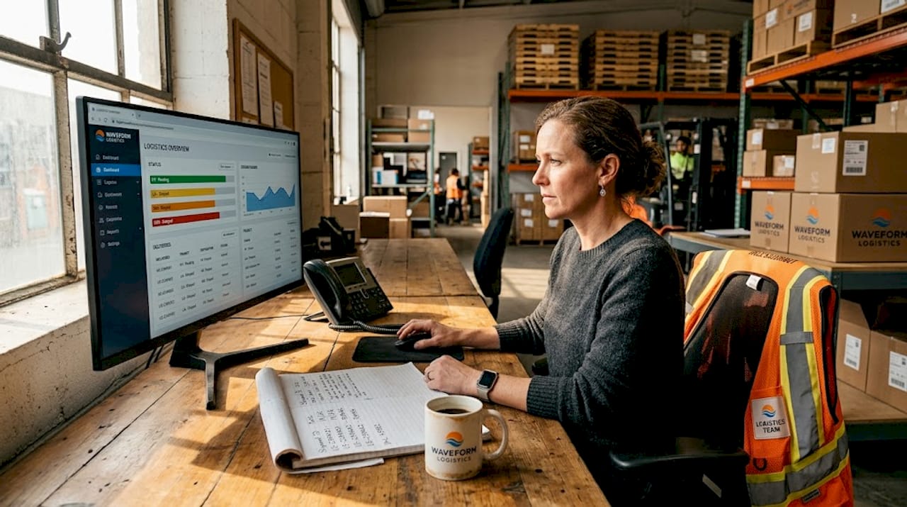 Logistics manager reviews shipments in warehouse office