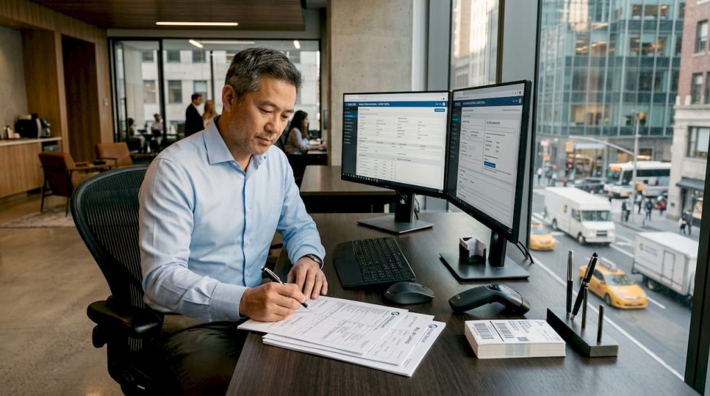 Manager reviewing export shipping documents at desk