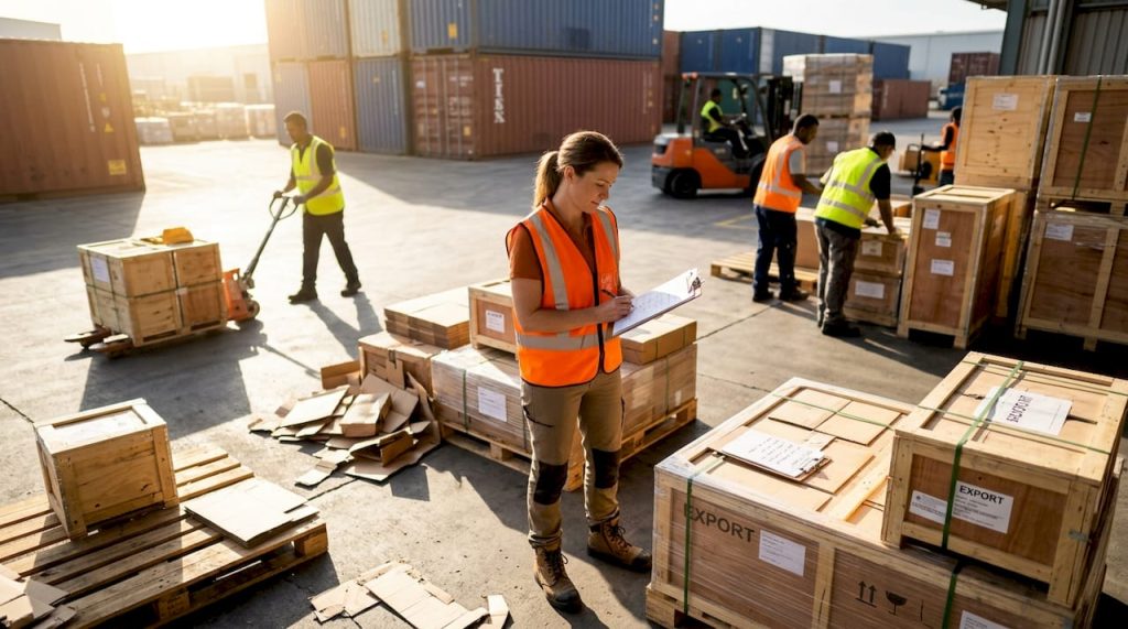 Warehouse manager checking export pallets in busy warehouse