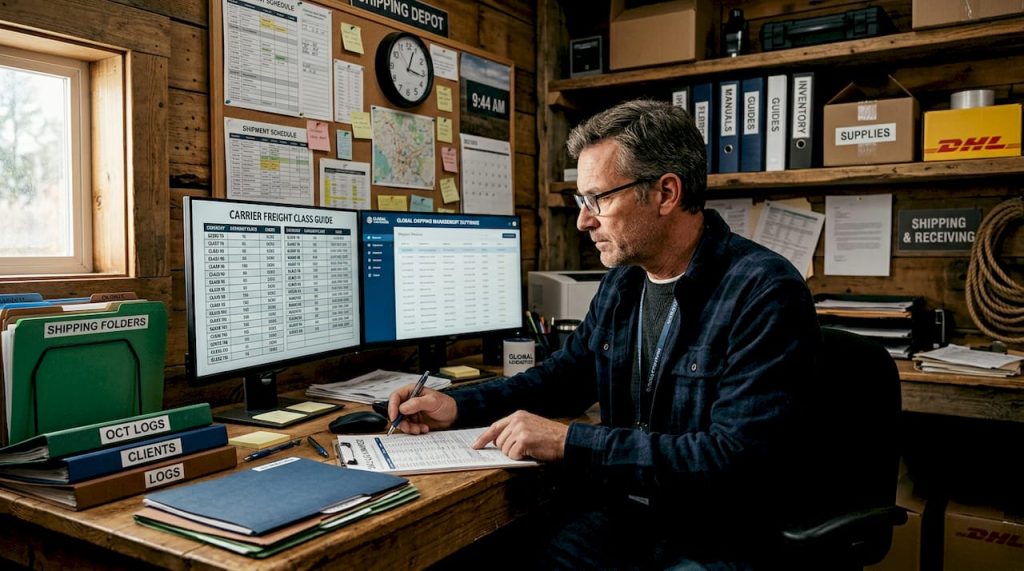 Logistics manager reviewing freight classifications