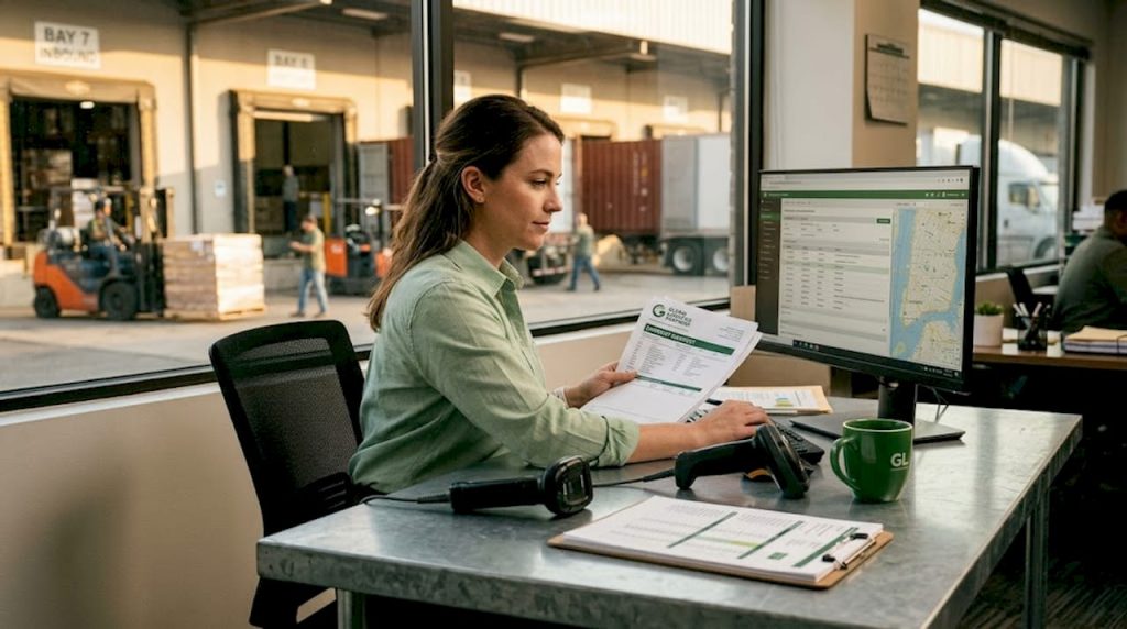 Logistics specialist reviewing printed shipping manifest