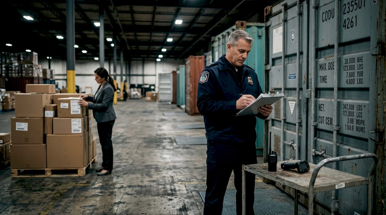 Customs officer inspects shipment at warehouse