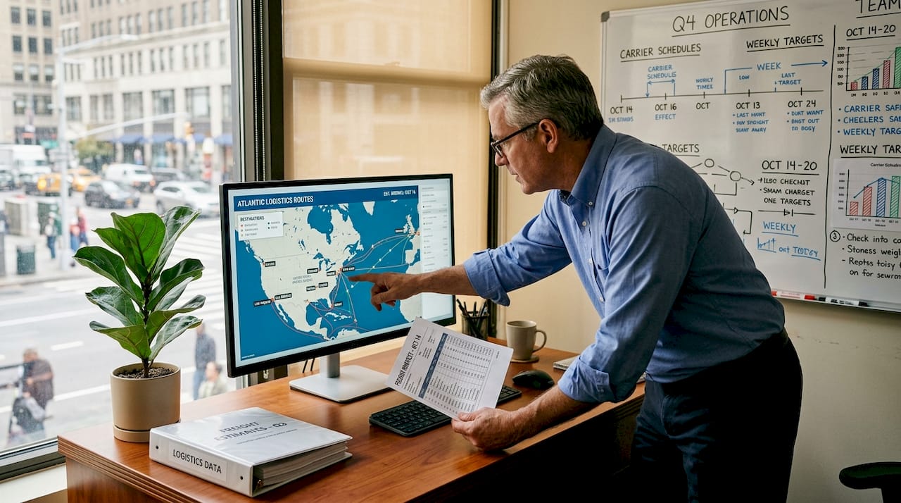 Shipping broker reviewing freight manifest at desk