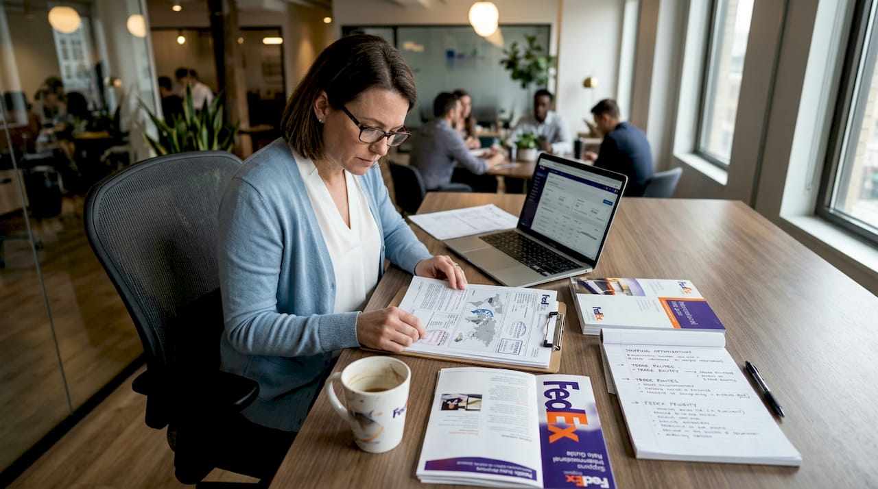 Business analyst reviewing FedEx shipping services