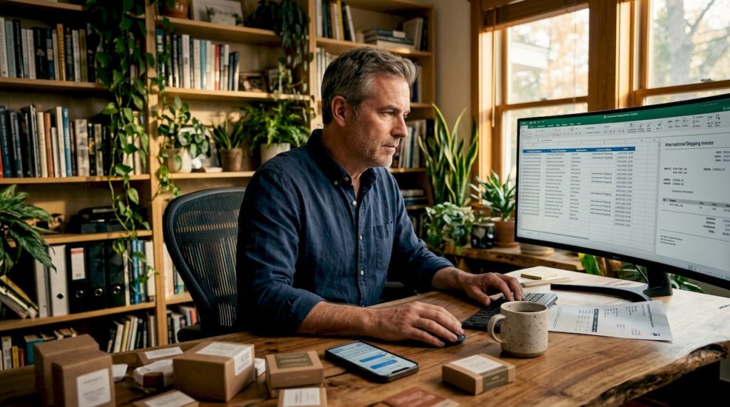 Importer reviewing product sourcing costs at desk