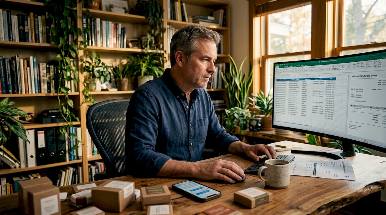 Importer reviewing product sourcing costs at desk