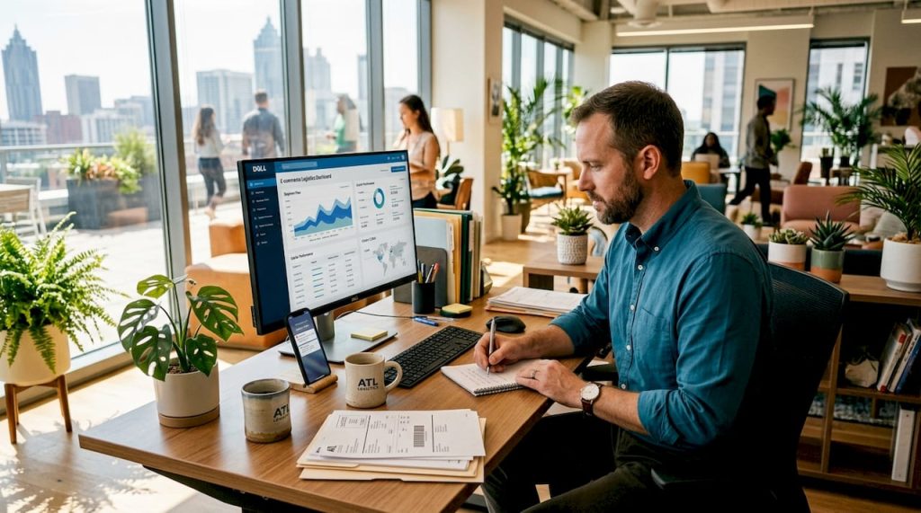 B2B logistics manager at desk with shipment data