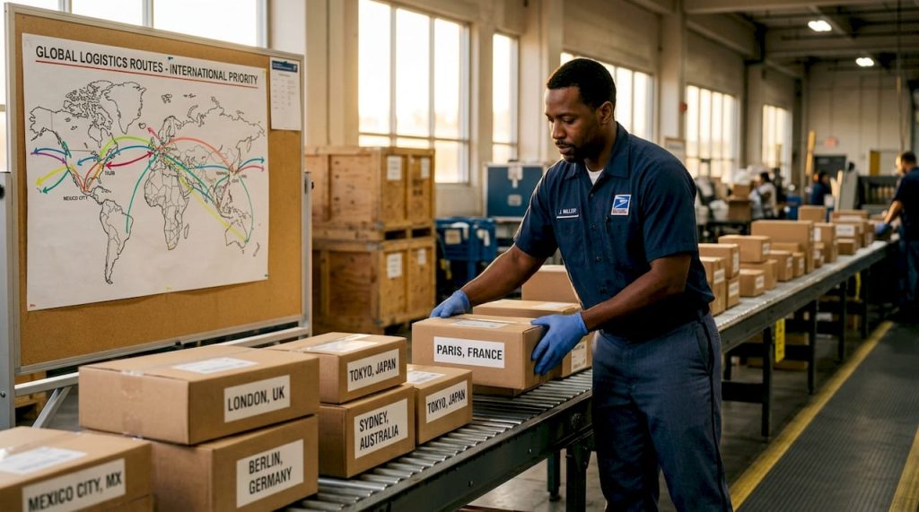 Postal worker sorting international packages