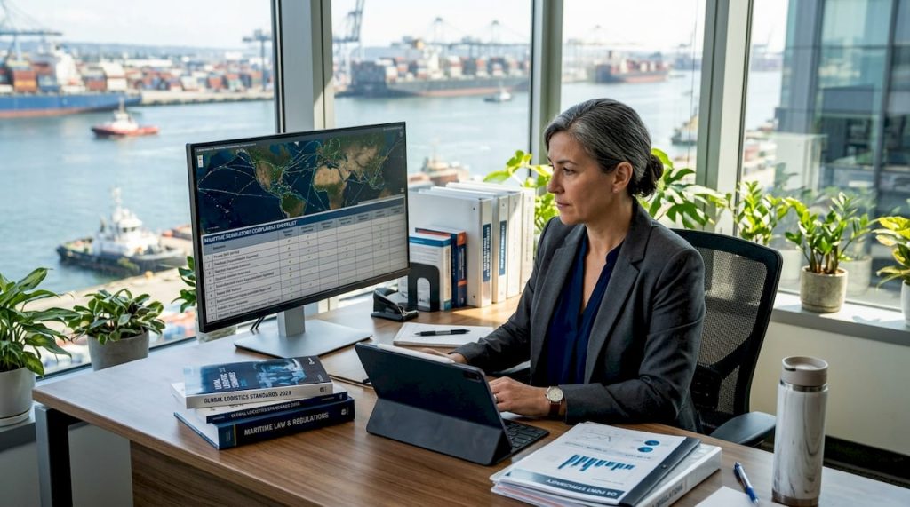 Logistics manager reviewing shipping compliance documents