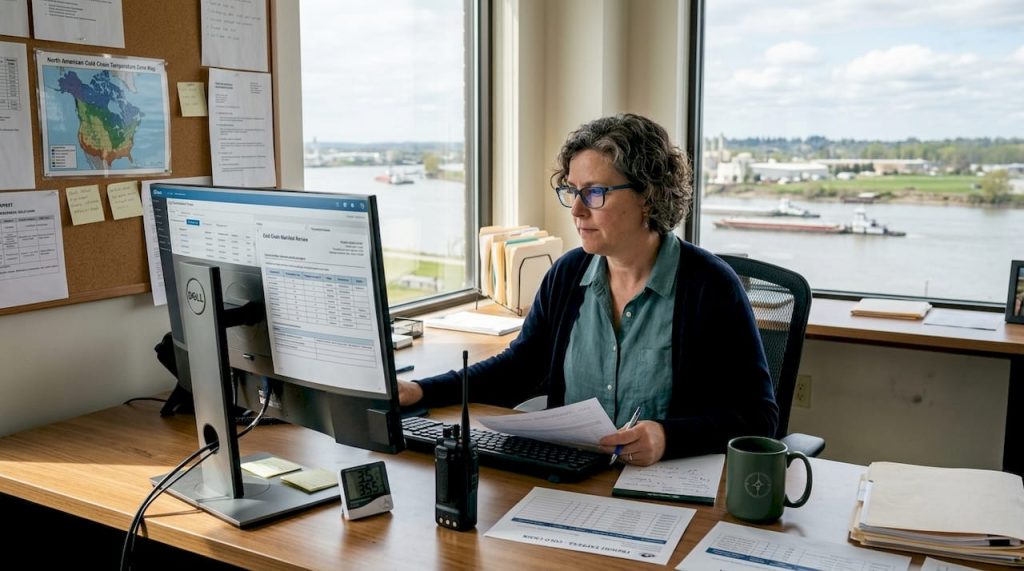 Logistics manager reviewing cold chain documents in office
