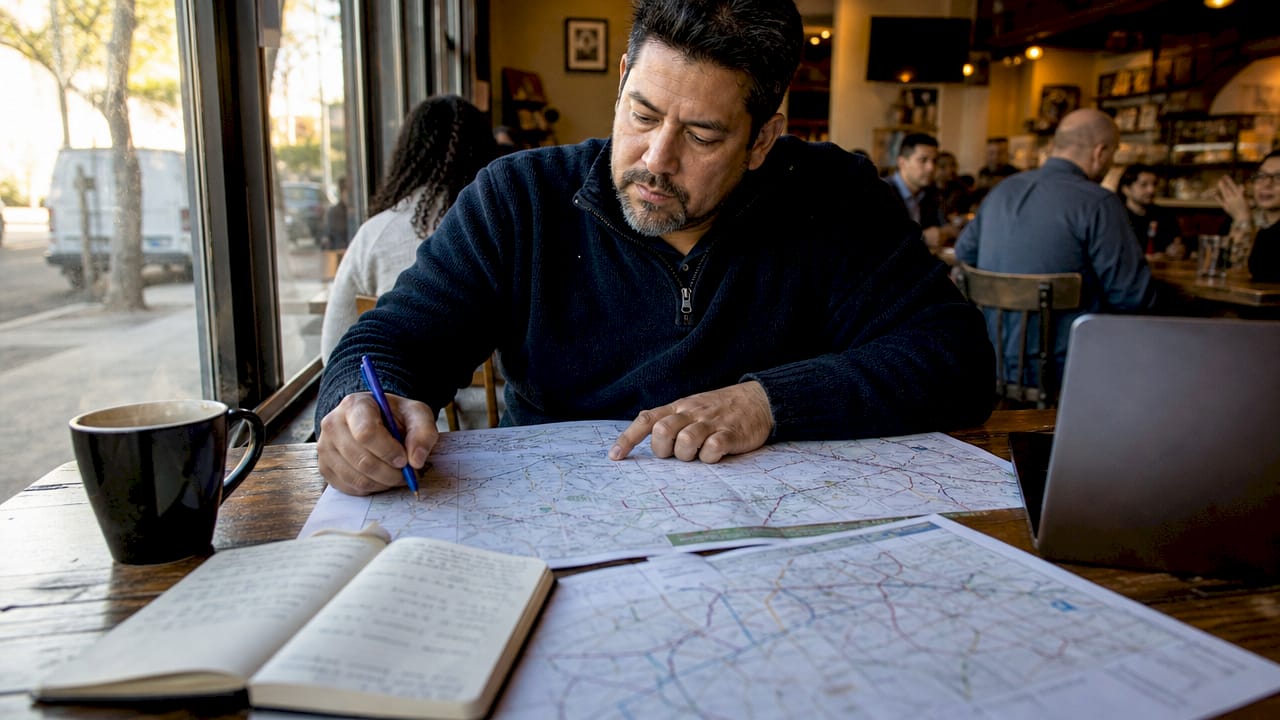 Logistics coordinator reviewing trucking maps at desk
