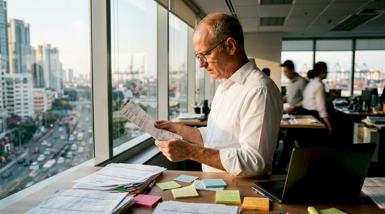 Freight forwarder examining shipping documents