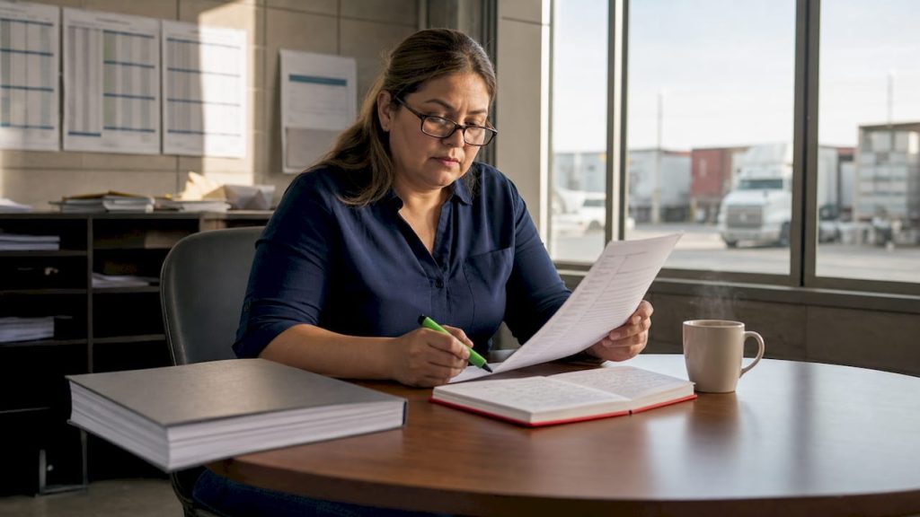 Logistics coordinator auditing freight documentation