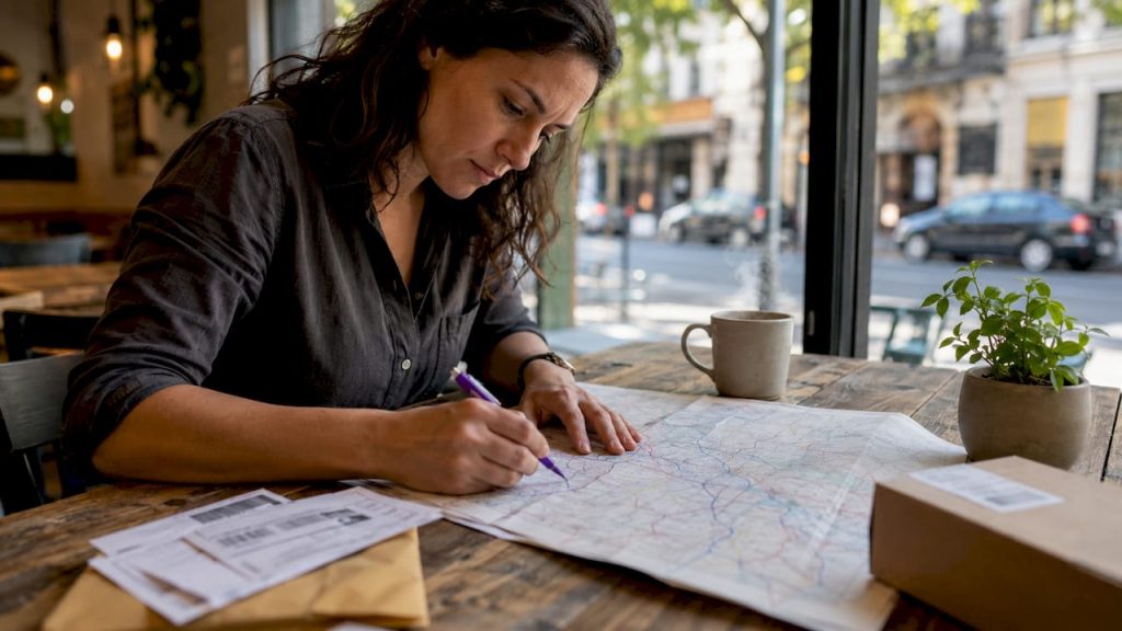 Logistics manager reviewing international shipping map