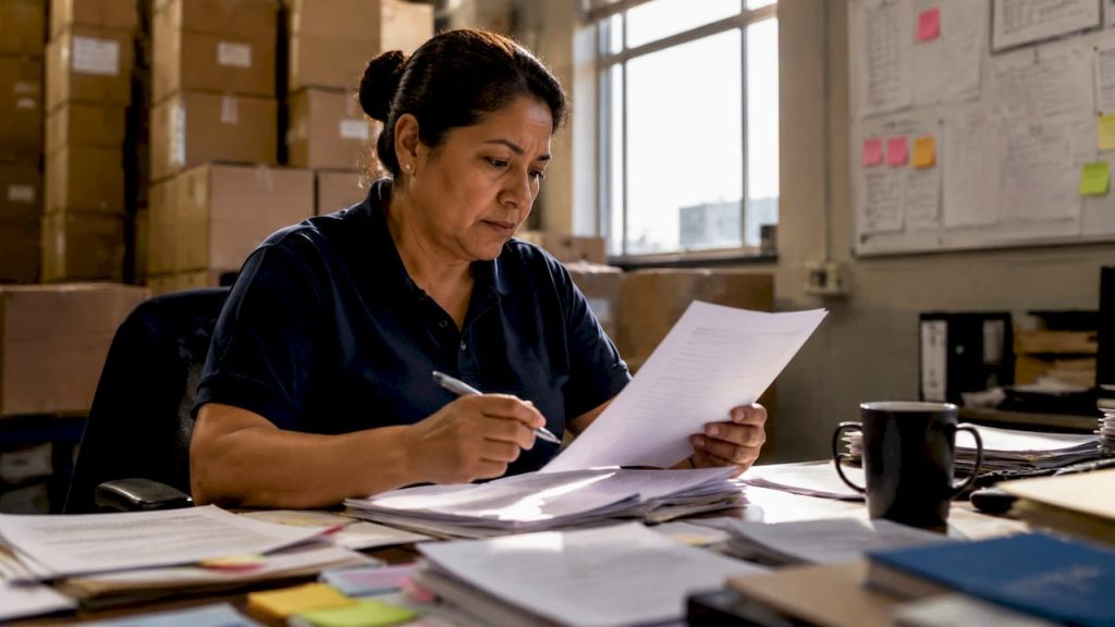 Customs officer reviewing ISF paperwork at desk