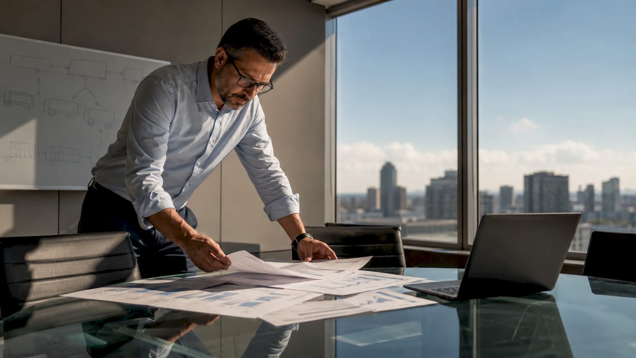 Logistics manager reviewing shipment reports