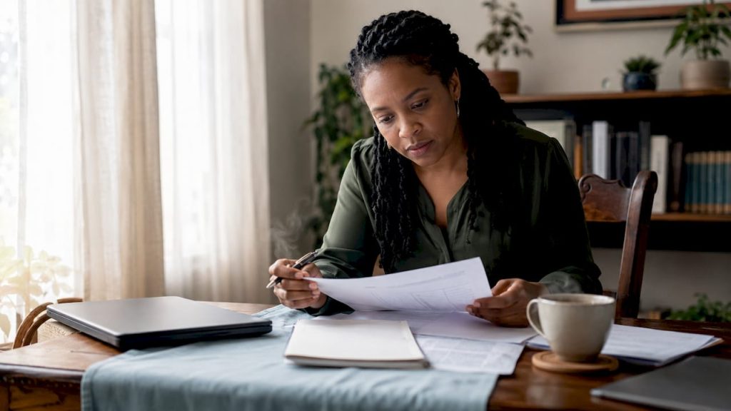 Woman remote freight coordinator reviewing documents