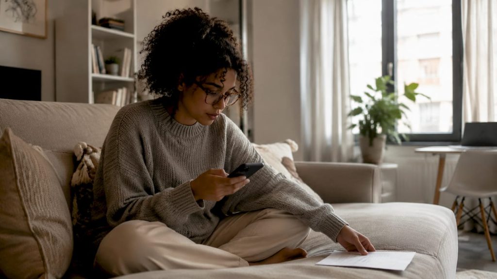 Woman tracking shipment with phone at desk