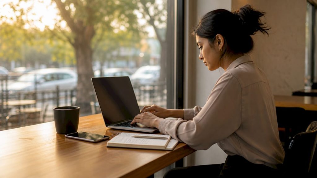 Woman working on laptop in coworking space