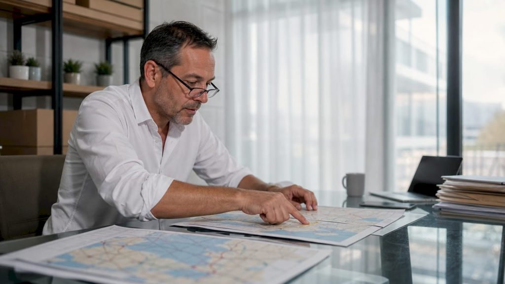 Logistics manager reviewing shipping maps
