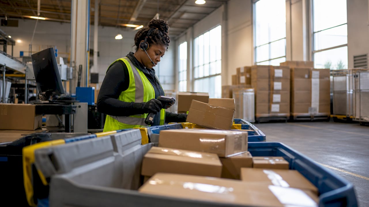 Warehouse worker sorting express shipping packages