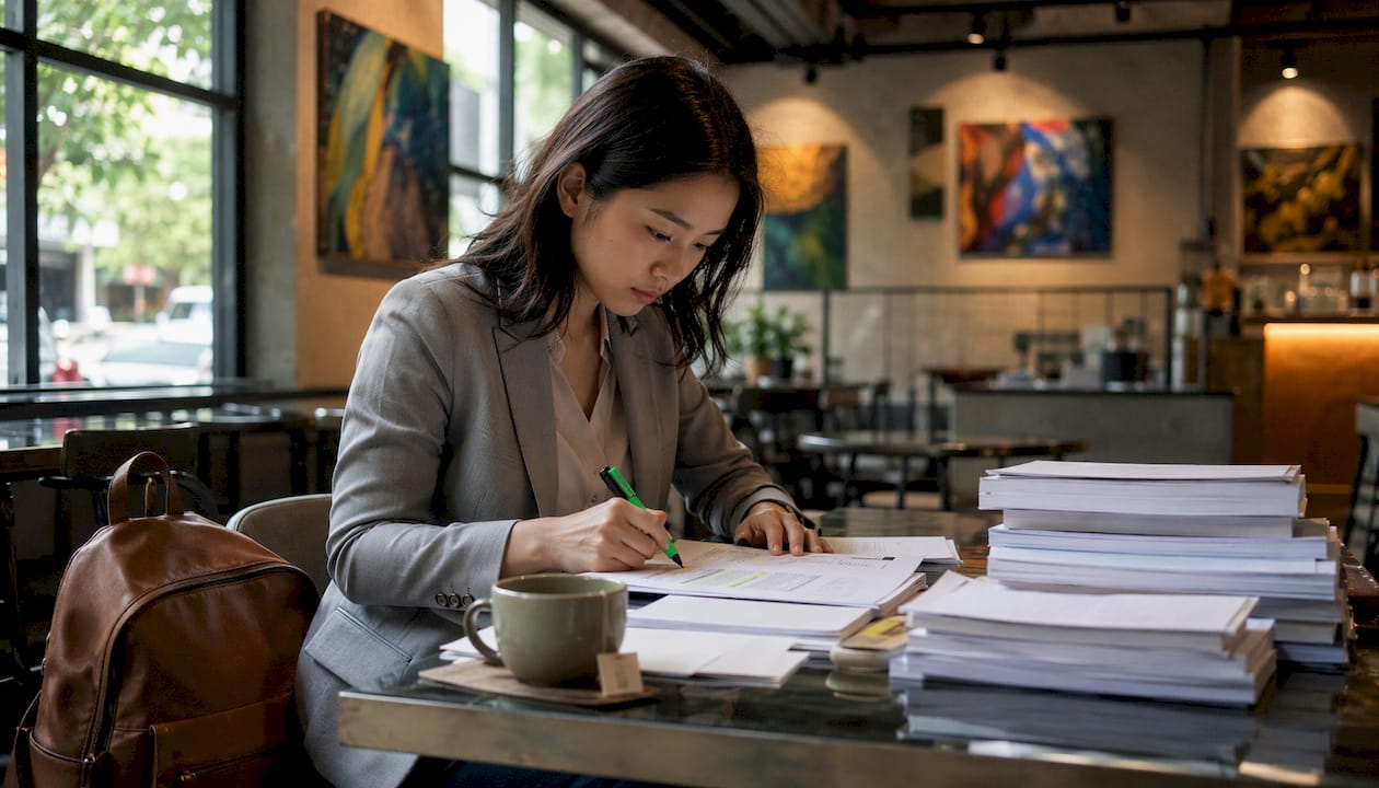 Woman highlighting customs exam papers in library cubicle