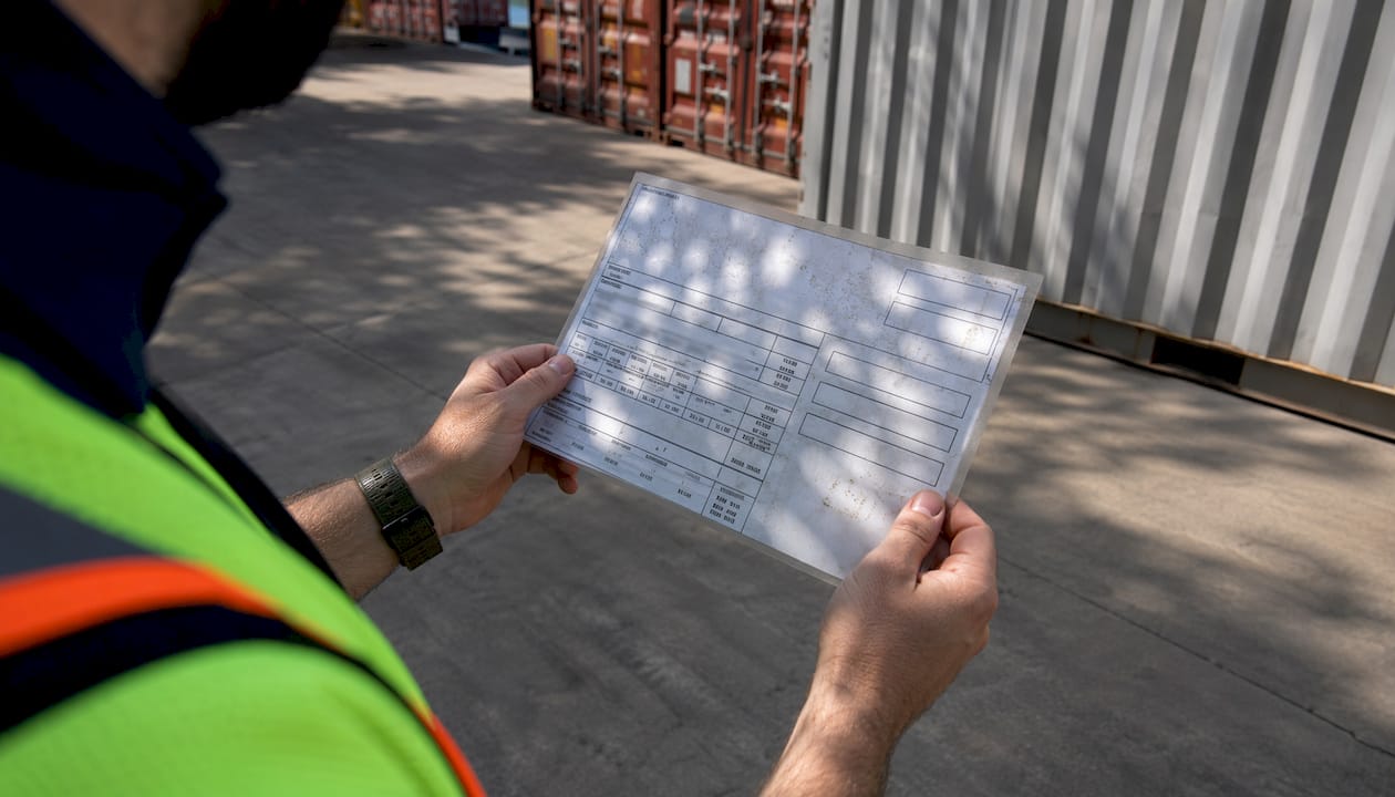 Hands inspecting ISO container data plate