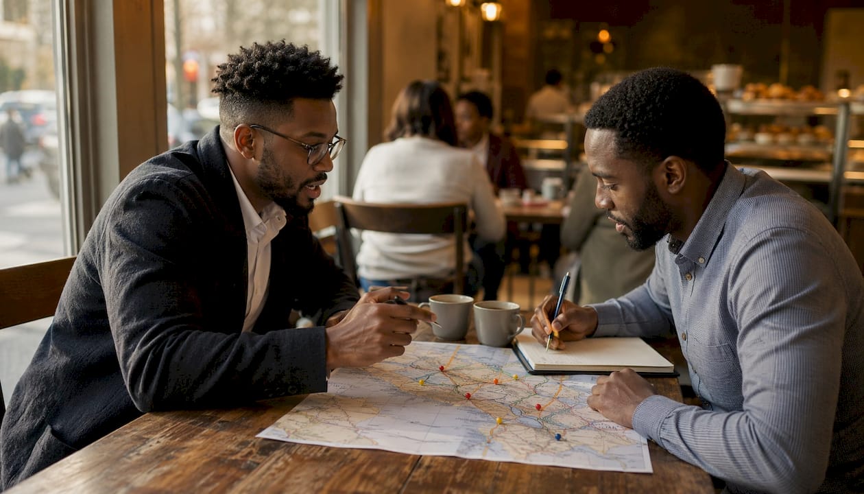 Two analysts planning freight routes at office whiteboard